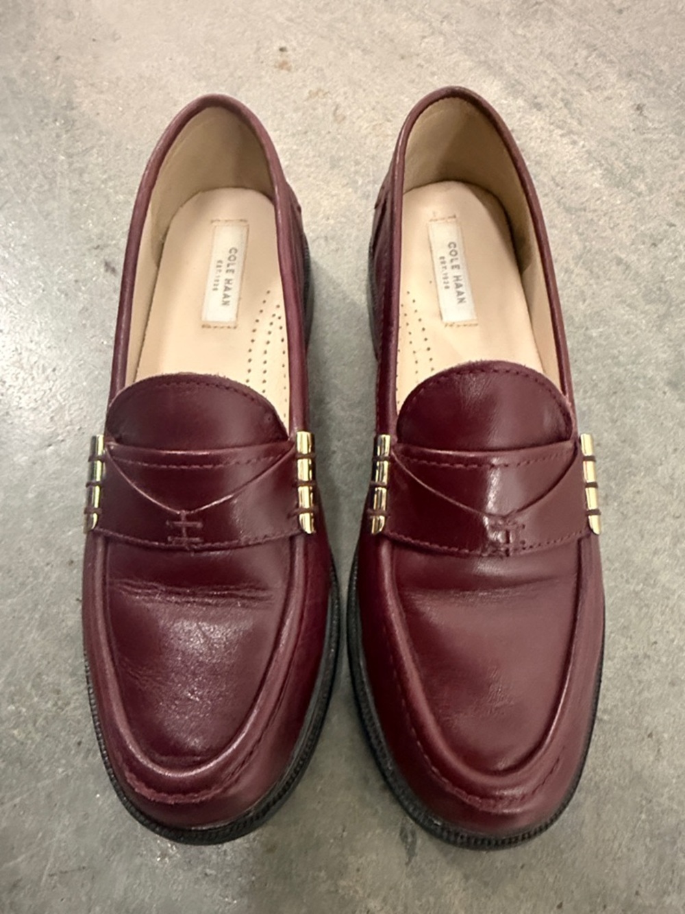 Cole Haan Wine Leather Penny Loafers with Gold Accents